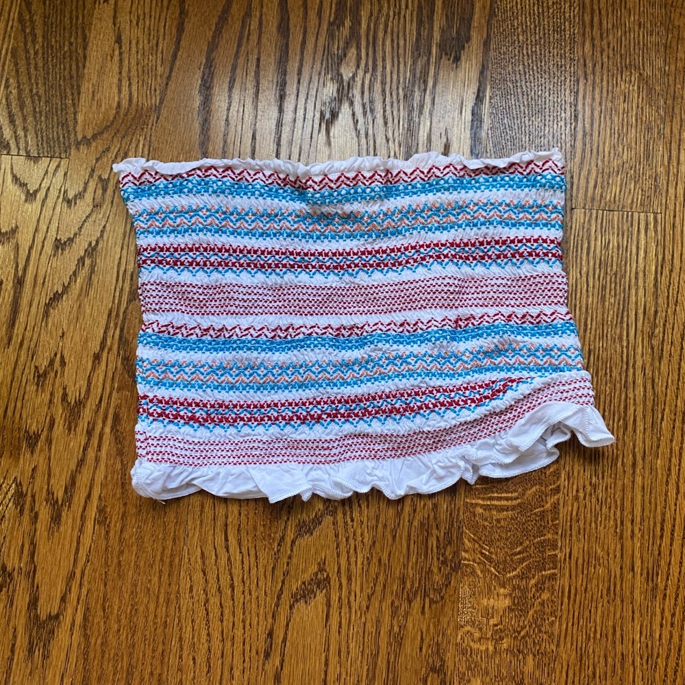 Red, white, blue, and orange tube top. Size S